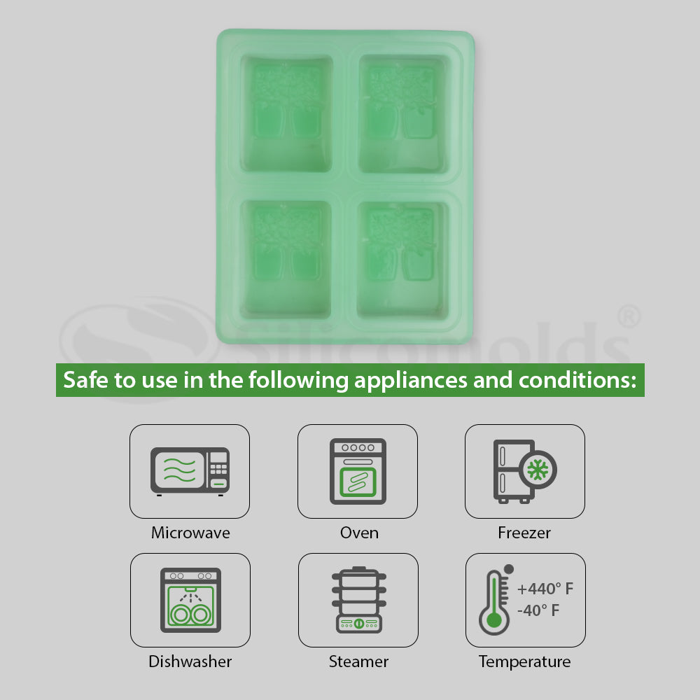 SILICOMOLDS - 125gms - Rectangular Tree Design - 4 Cavities Silicone Soap Mold- URP041SM