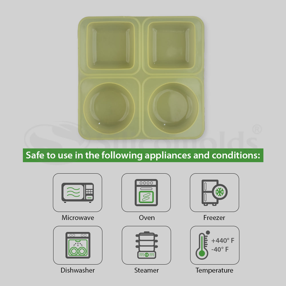 SILICOMOLDS - 125gms - Round+Square - 4 Cavities Silicone Soap Mold-URP041ASM