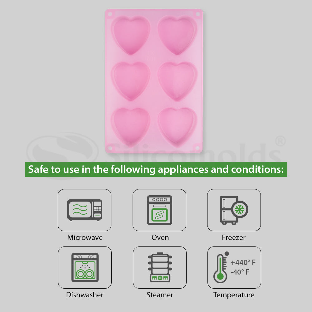 SILICOMOLDS - 100gms - Heart Shape - 6 Cavities Silicone Soap Mold-URP003SM