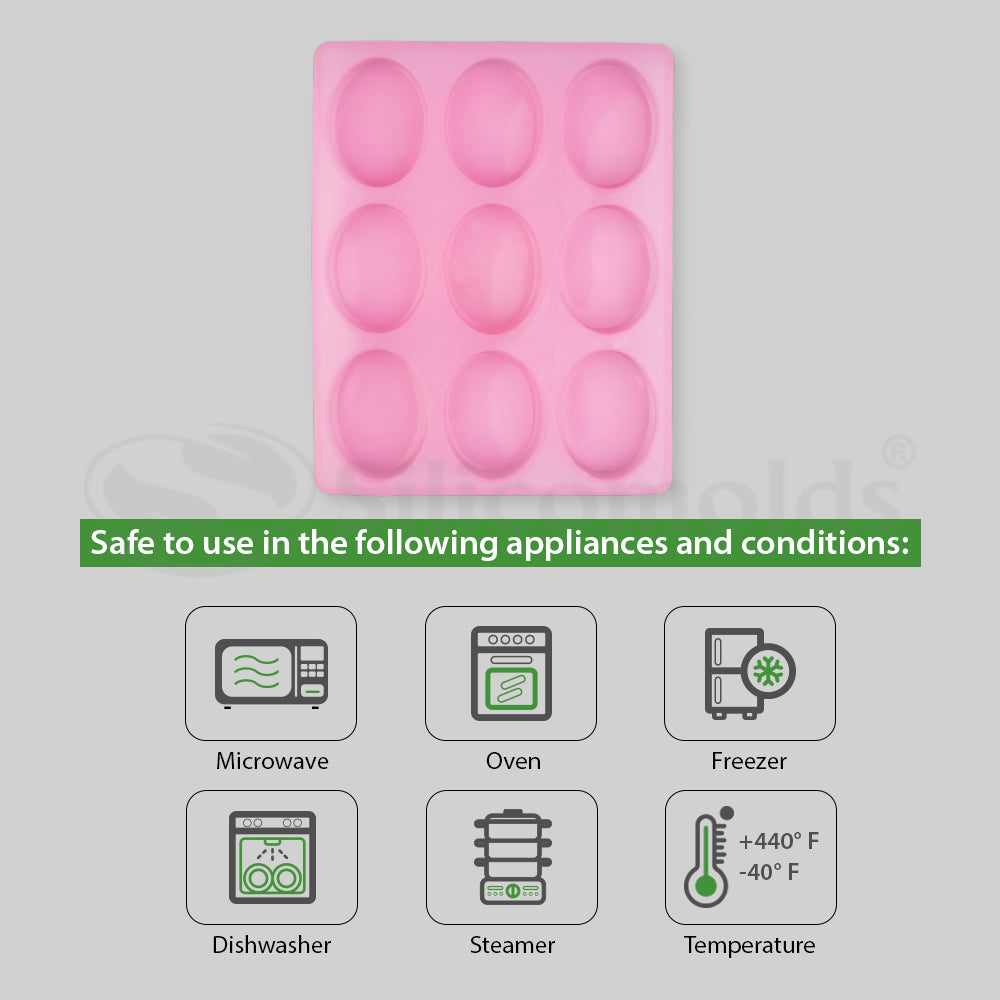 SILICOMOLDS - 100gms - Oval Shape - 9 Cavities Silicone Soap Mold-URP006SM