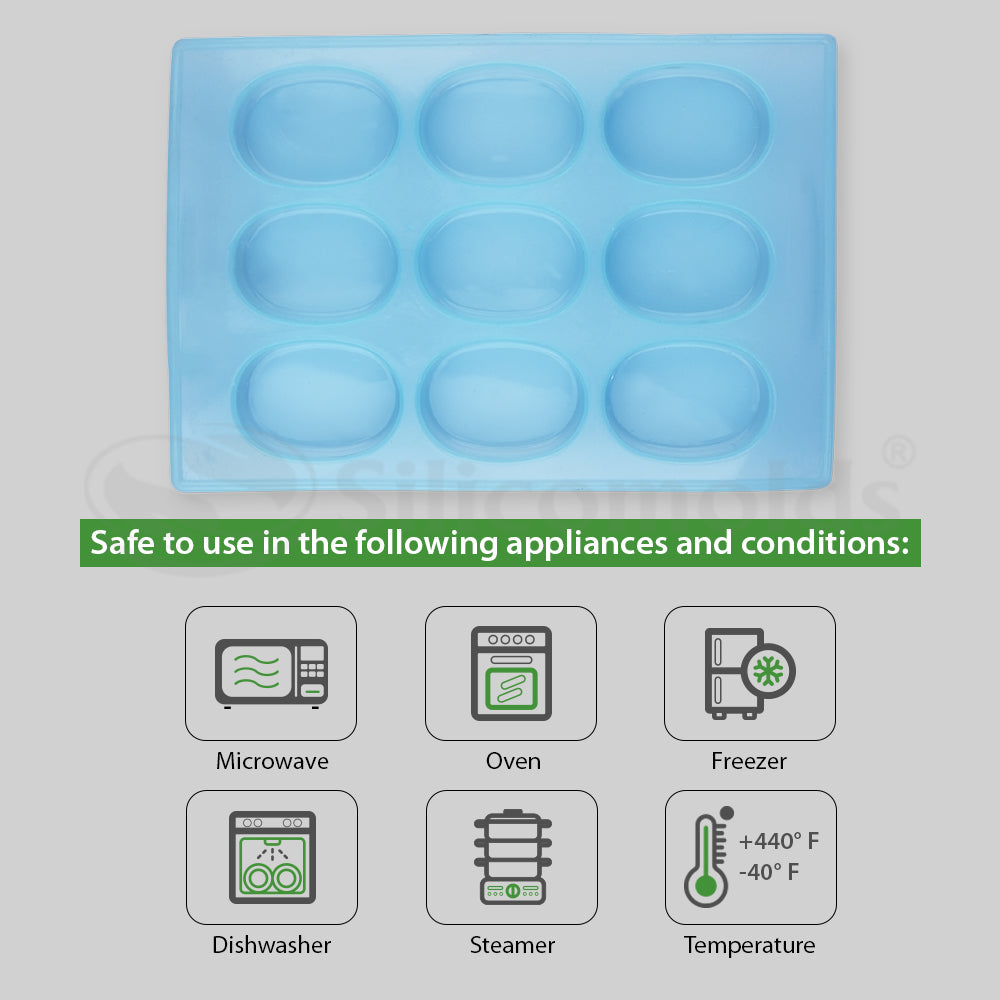 SILICOMOLDS - 75gms – Oval Shape - 9 Cavities Silicone Soap Mold-URP008SM