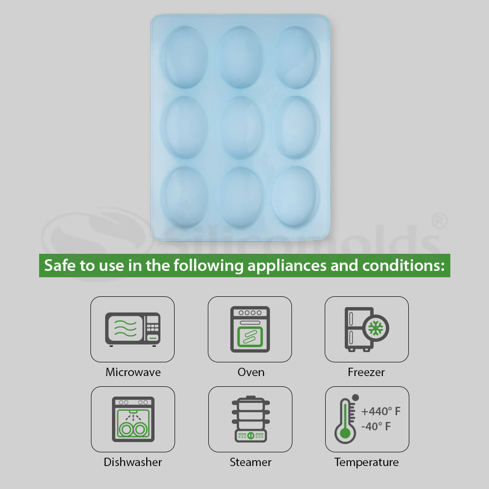 SILICOMOLDS - 125gms - Oval Shape - 9 Cavities Silicone Soap Mold-URP010SM