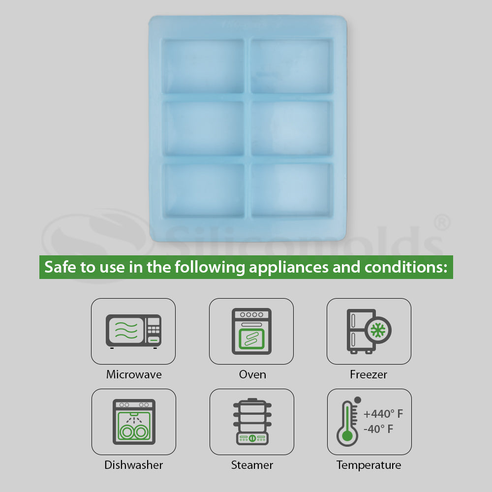 SILICOMOLDS- 150gms - Rectangle Shape - 6 Cavities Silicone Soap Mold-URP012SM