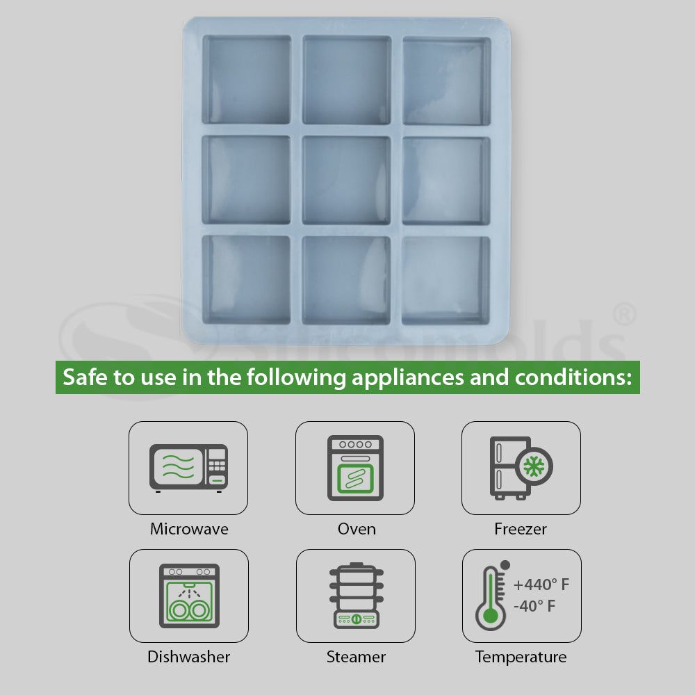 SILICOMOLDS 125gms - Square Shape - 9 Cavities Silicone Soap Mold-URP026SM