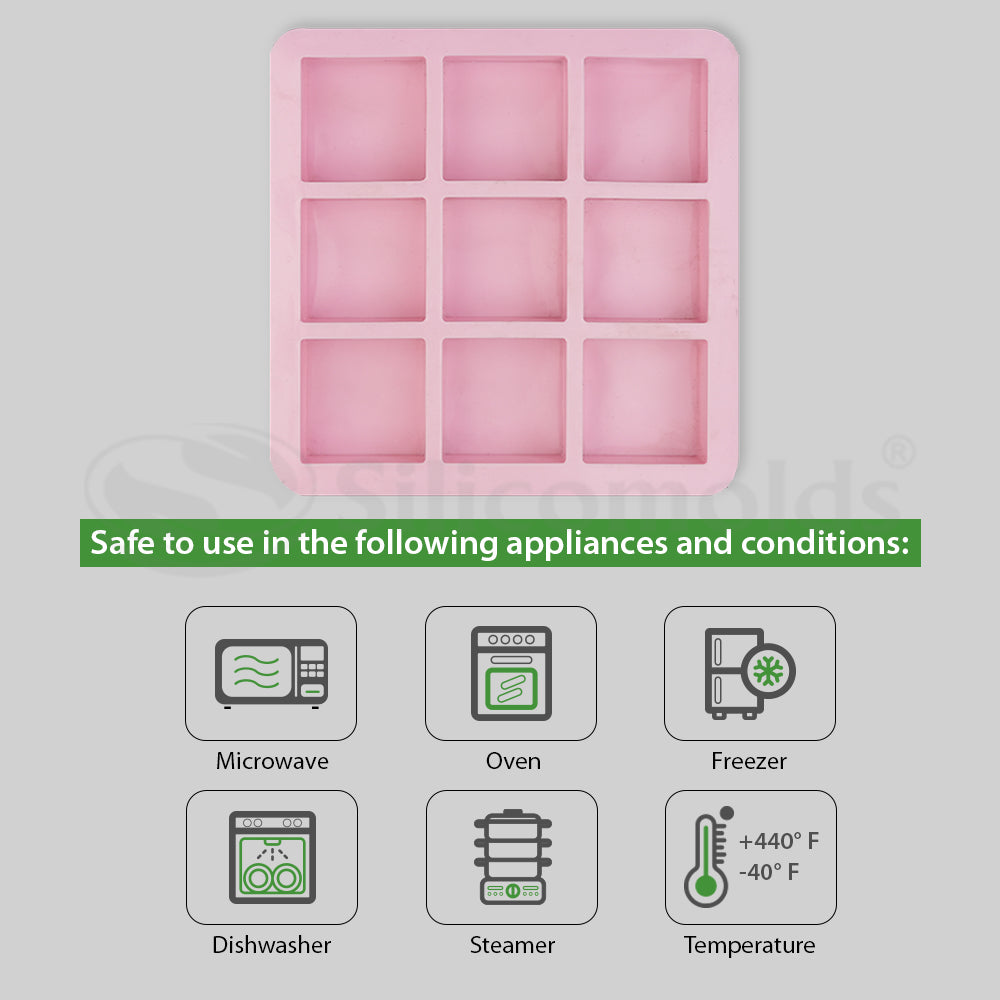 SILICOMOLDS - 100gms - Square Shape - 9 Cavities Silicone Soap Mold-URP028SM