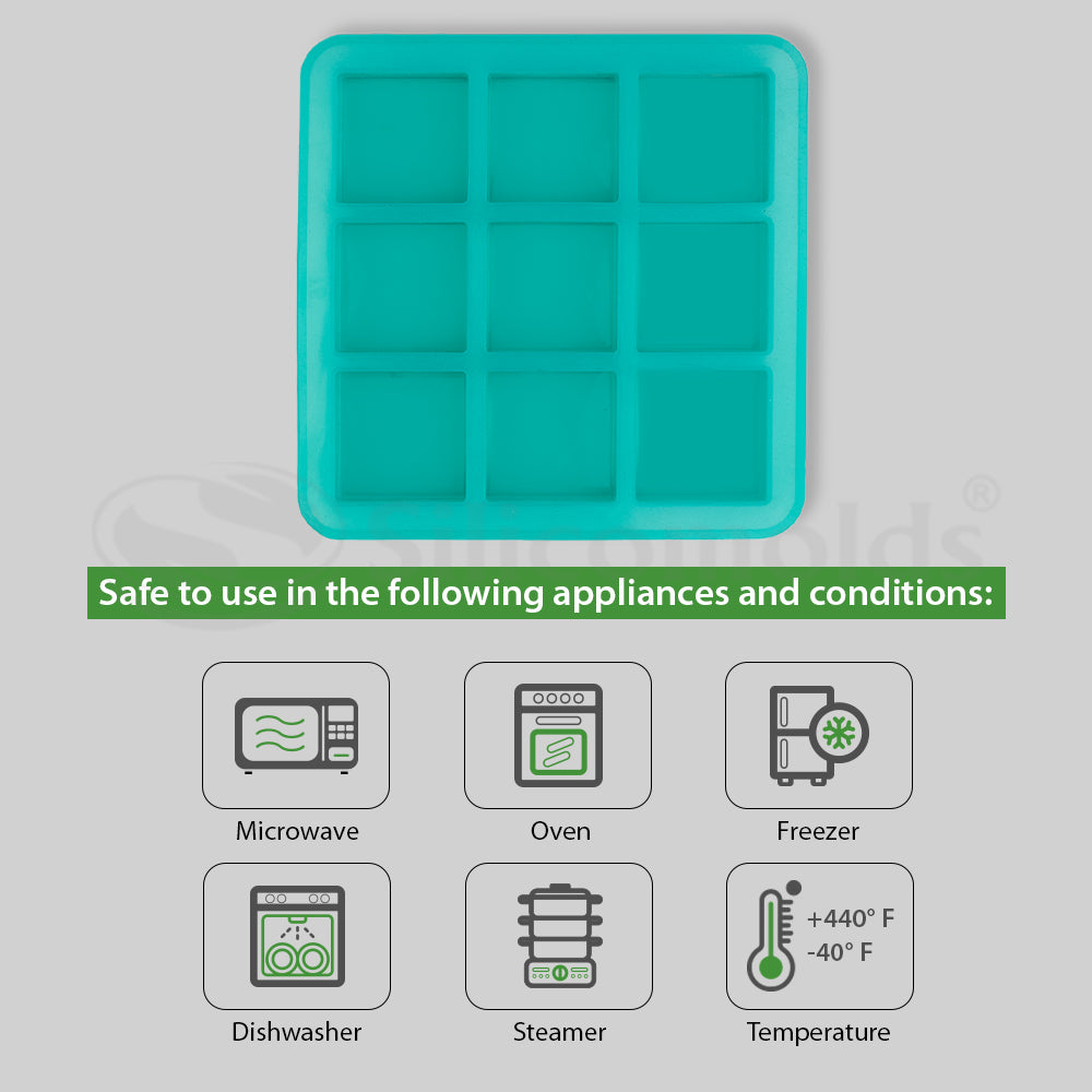 SILICOMOLDS - 75gms – Square Shape - 9 Cavities Silicone Soap Mold-URP029SM