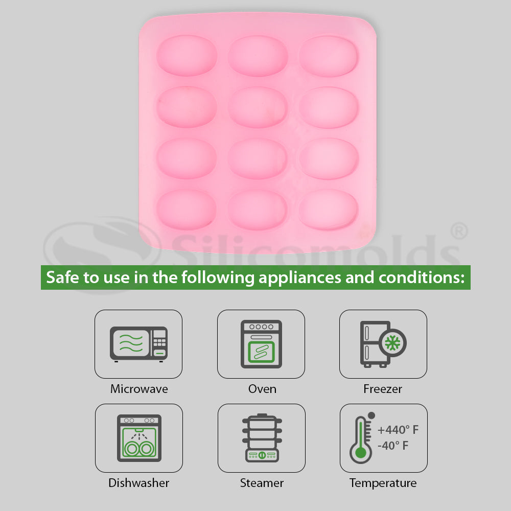 SILICOMOLDS - 20gms- Oval Shape –12 Cavities Silicone Soap Mold-URP032SM