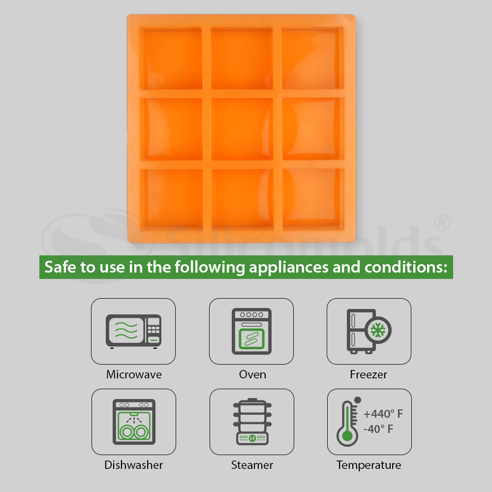 SILICOMOLDS- 150gms - Square Shape - 9 Cavities Silicone Soap Mold-URP055SM