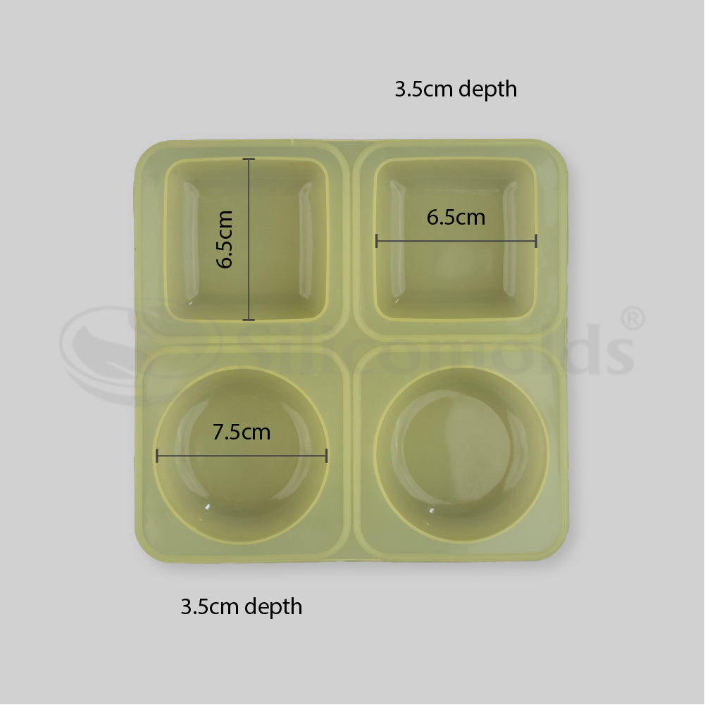 SILICOMOLDS - 125gms - Round+Square - 4 Cavities Silicone Soap Mold-URP041ASM