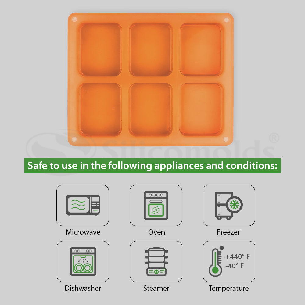 SILICOMOLDS-80gms - Rectangle Shape - 6 Cavities Silicone Soap Mold-URP050SM