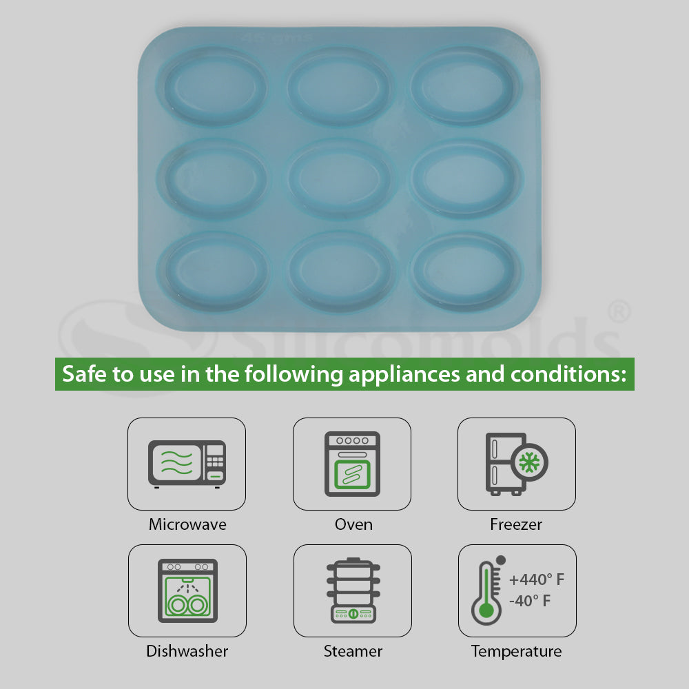 SILICOMOLDS - 45gms - Oval- 9 Cavities Silicone Soap Mold-URP043SM