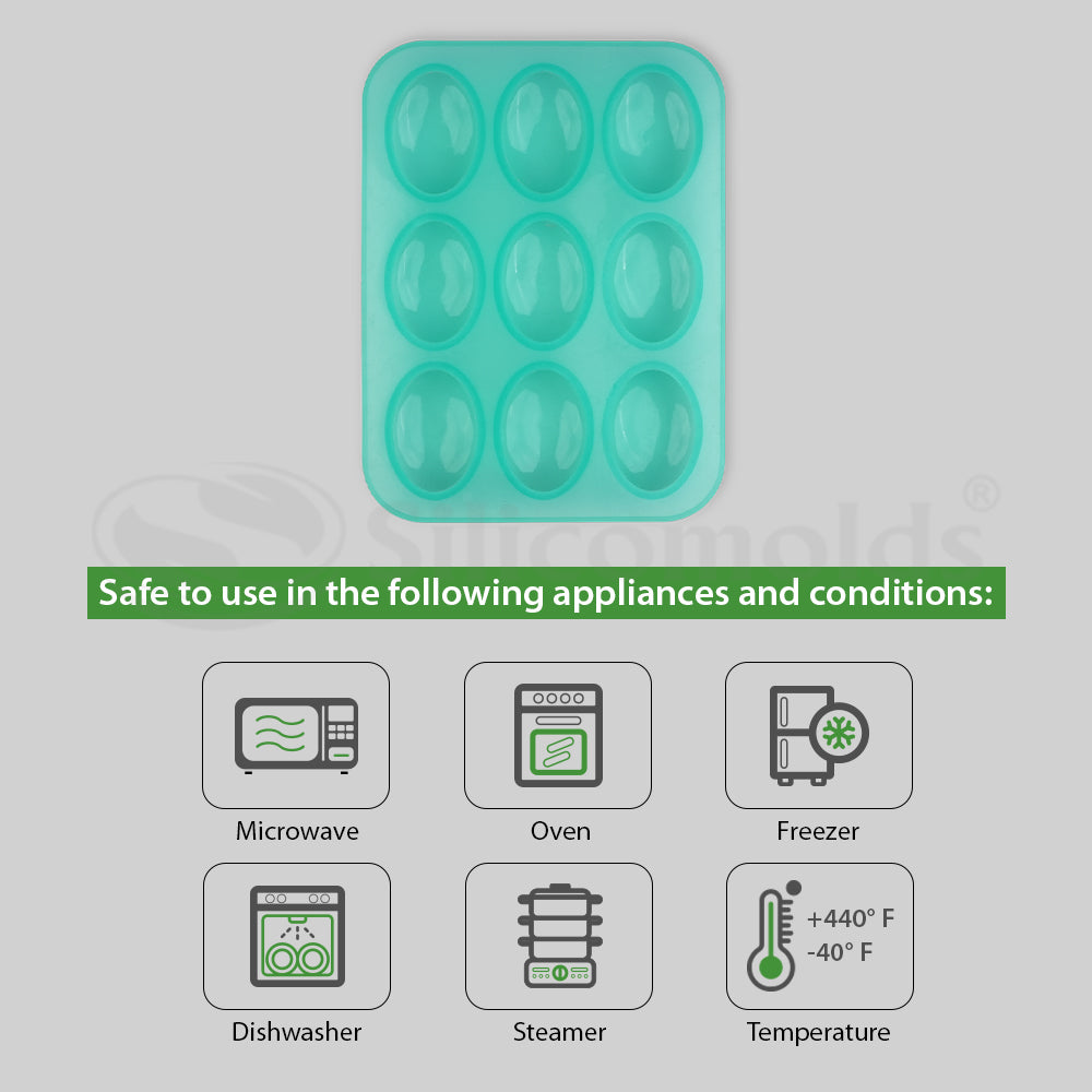 SILICOMOLDS - 70gms - Egg Shape - Oval - 9 Cavities Silicone Soap Mold-URP044SM
