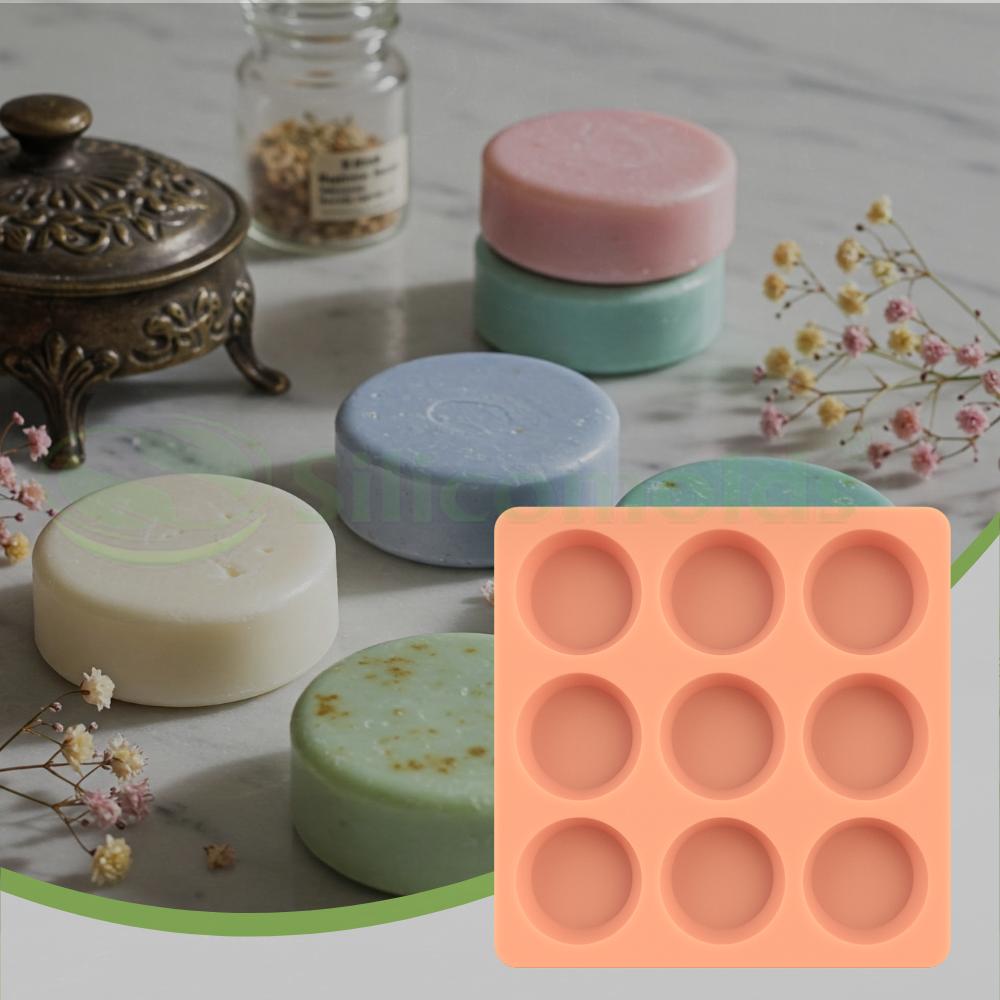 SILICOMOLDS – 50gms Round Shape - 9 cavities Soap Molds -URP063SM